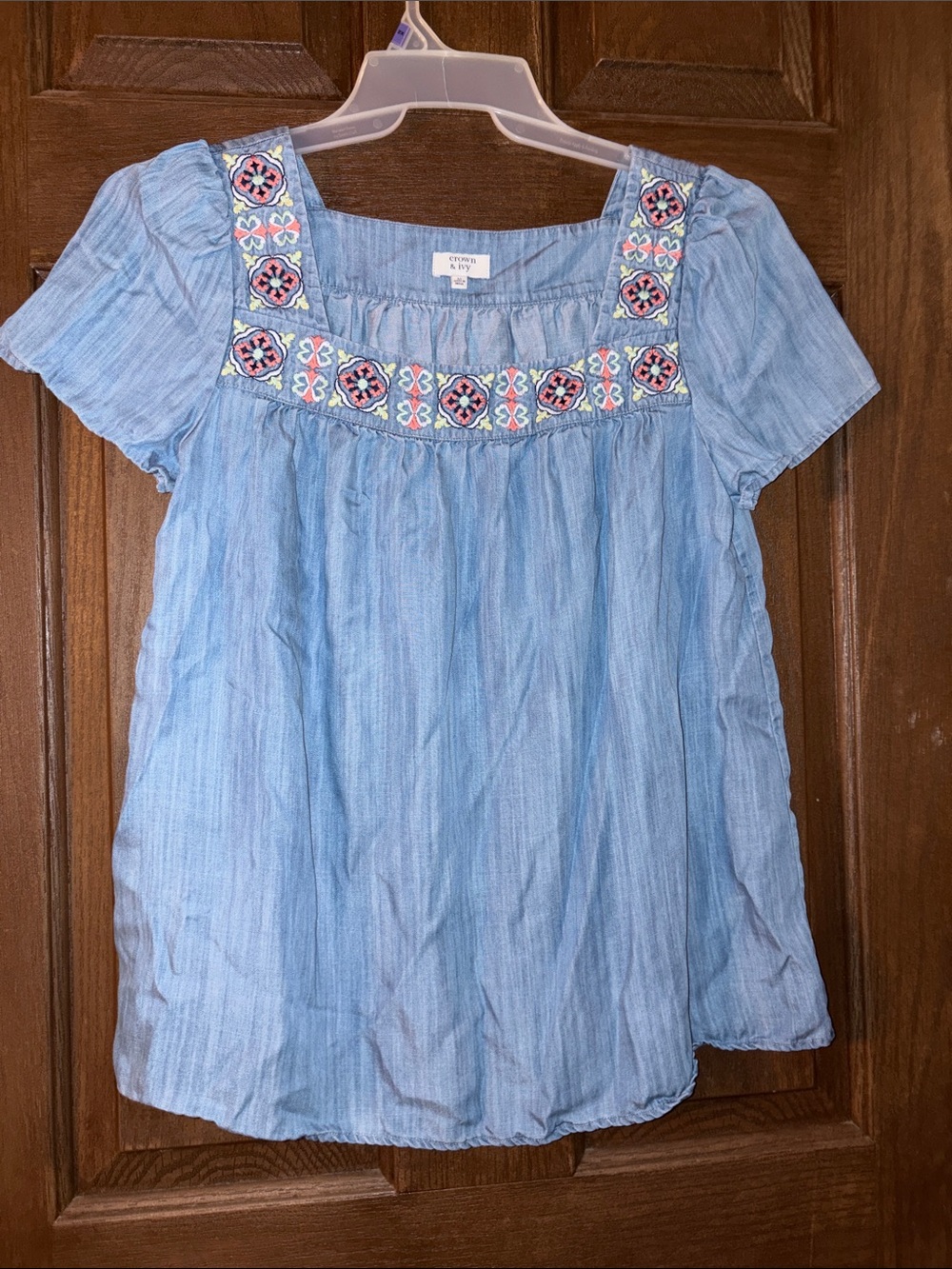 crown & ivy Light Blue Embroidered Square Yoke Blouse